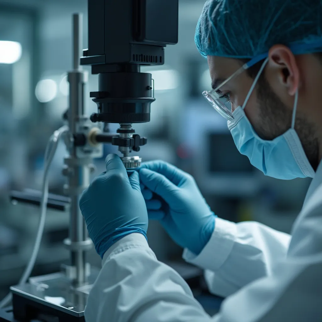 Técnico calibrando un instrumento de precisión en laboratorio