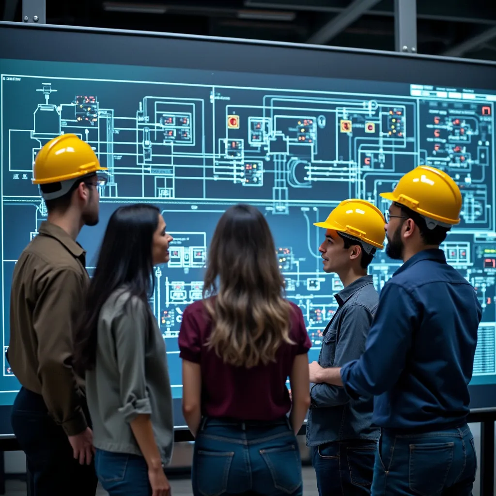 Equipo de ingenieros discutiendo planos de un sistema de control