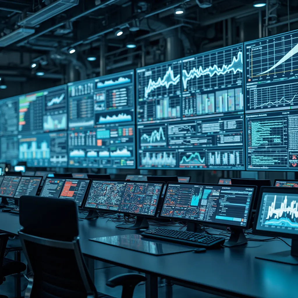 Sala de control con múltiples pantallas mostrando datos en tiempo real